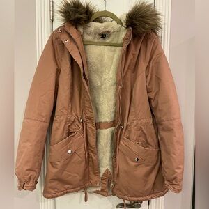 H&M Divided Parka Light Pink Blush Size 10 Fur Hood Removable